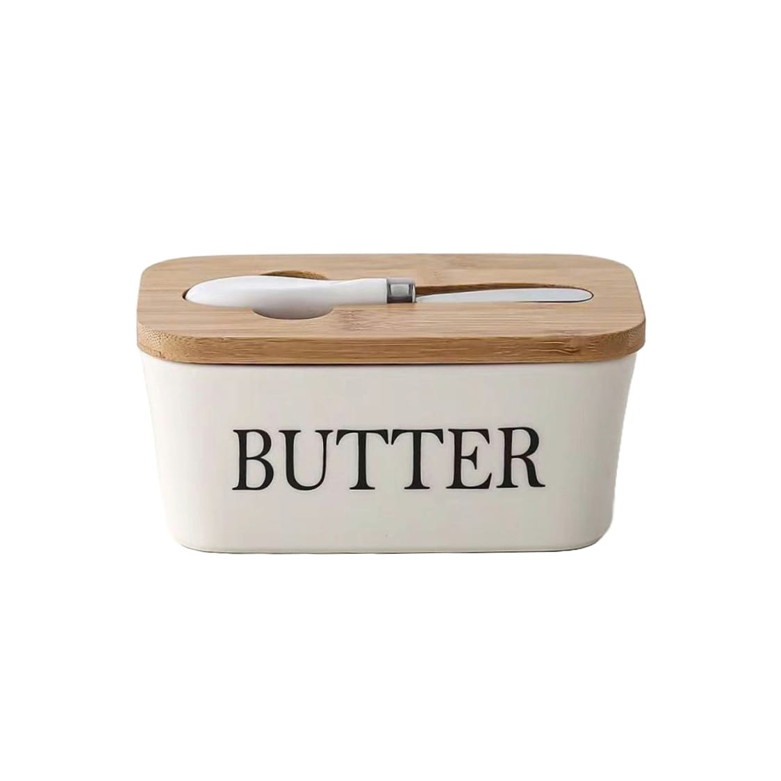 Weisser Butterbehälter mit Holzdeckel, Buttermesser und schwarzer "Butter" Aufschrift