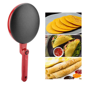 Runder Crepe-Maker mit rotem Griff, rotem An-Aus Knopf und verschiedenen Anwendungsbeispielen