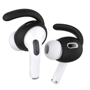 Schwarze OhrbĂĽgel fĂĽr Airpods in einem Anwendungsbeispiel an Airpods