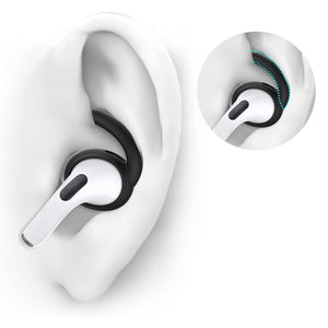 Schwarze OhrbĂĽgel fĂĽr Airpods in einem Anwendungsbeispiel an getragenen Airpods