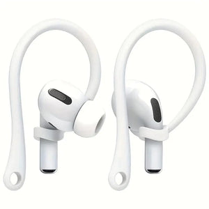 Weisse Silikon Ohrbügel in einem Anwendungsbeispiel an Airpods