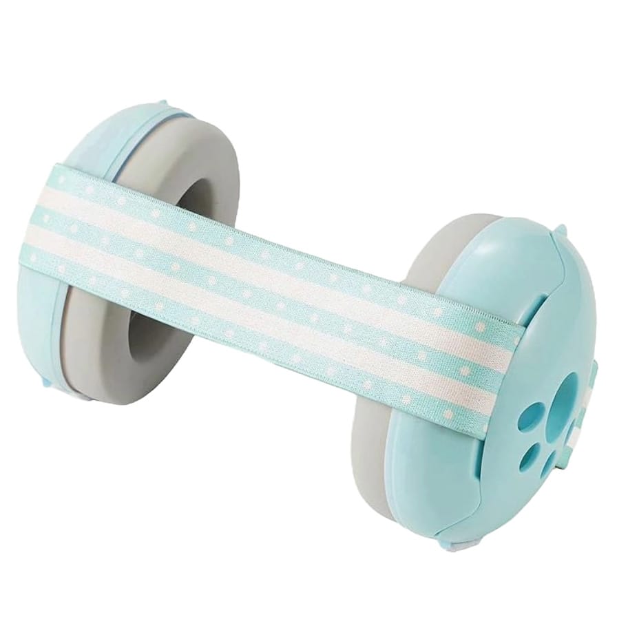 Blauer Babyhörschutz mit verstellbarem, weiss-blauem Umbindeband
