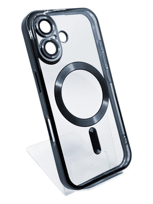 Transparente iPhone-Hülle mit schwarzer Umrandung für das iPhone 16 Plus auf transparentem Ständer aufgestellt Senkrecht