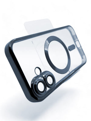 Transparente iPhone-Hülle mit schwarzer Umrandung für das iPhone 16 Plus auf transparentem Ständer aufgestellt waagrecht