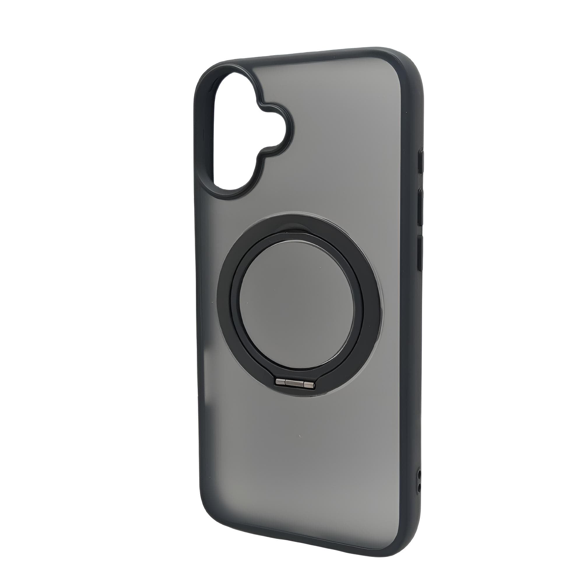 Graue iPhone-Hülle von der Seite mit rundem, einklappbarem Ständer für das iPhone 16 Plus