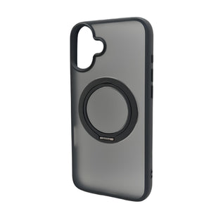 Graue iPhone-Hülle von der Seite mit rundem, einklappbarem Ständer für das iPhone 16 Plus