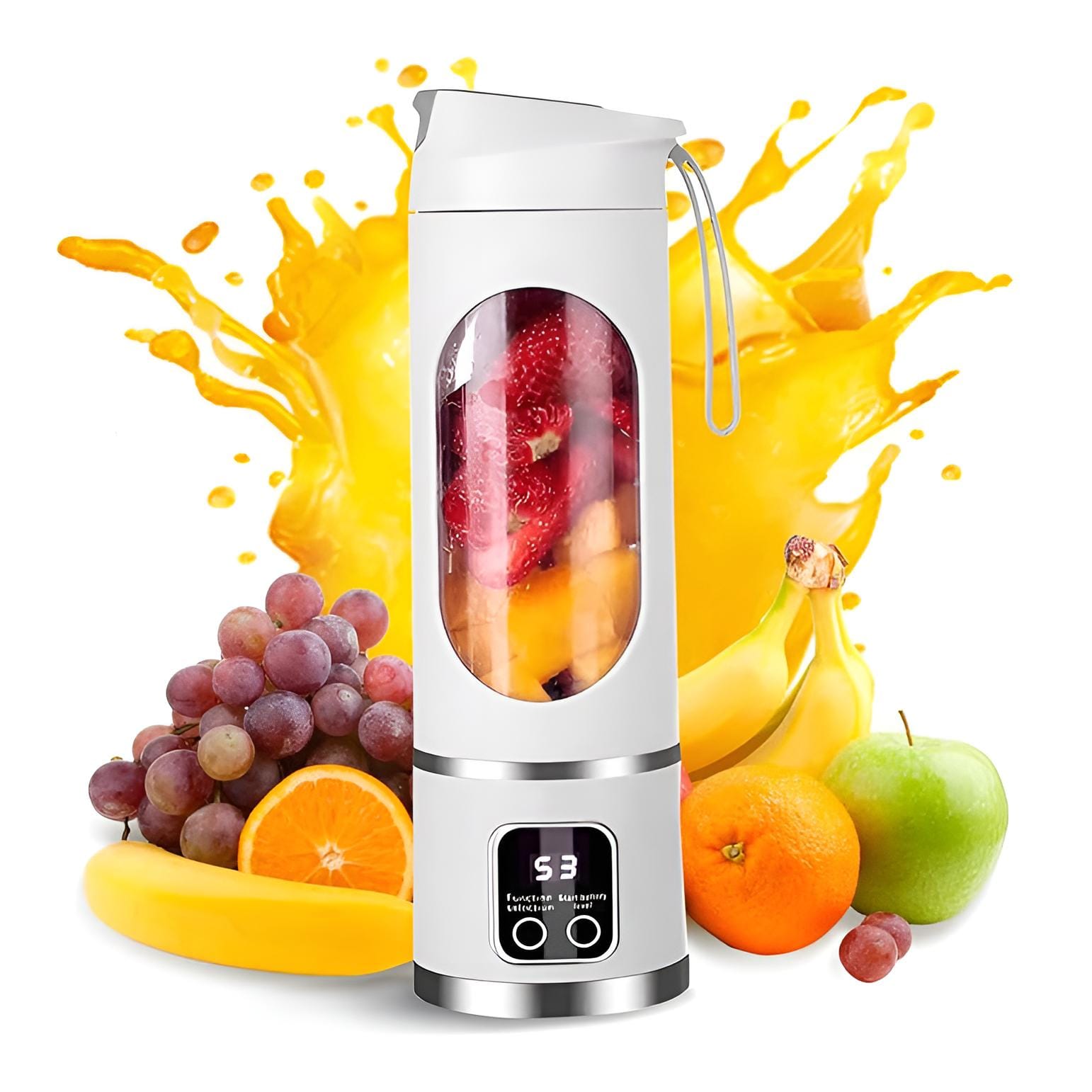 Tragbarer, weisser Smoothie-Maker mit transparenter Vorderseite, digital Bildschirm und Früchten im Hintergrund
