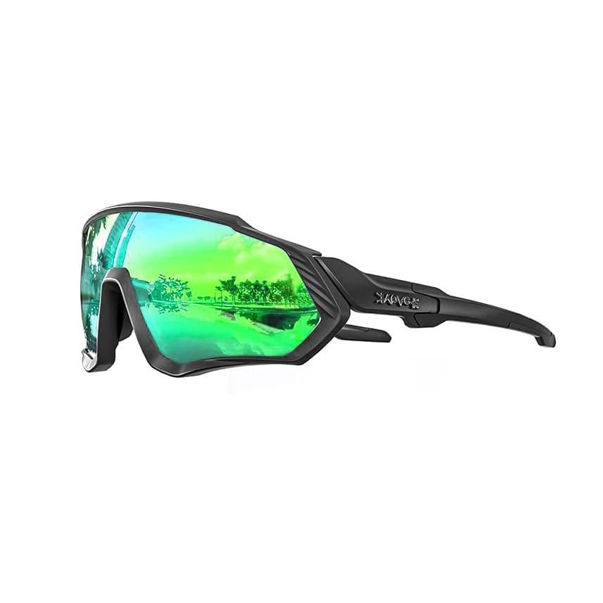 Grüne Sport-Sonnenbrille mit schwarzem Gestell