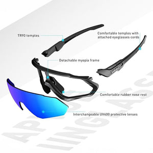 Lila Sport-Sonnenbrille mit schwarzem Gestell in Einzelteilen