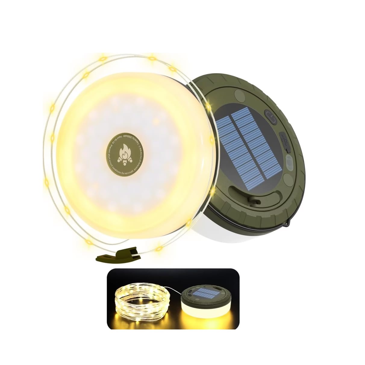 2-in-1 Camping-Laterne mit integrierter Lichterkette – solarbetrieben und USB-aufladbar