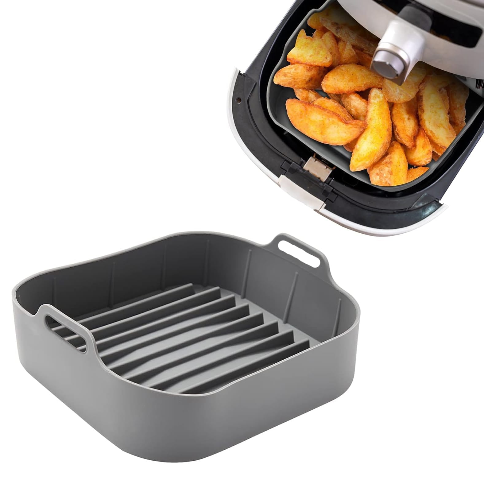 Grauer Silikoneinsatz für Airfryer mit Anwendungsbeispiel