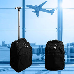 Schwarzer Trollyrucksack mit Reissverschlüssen, ein- und ausgefahrenem Ziehgriff mit Flugplatz im Hintergrund