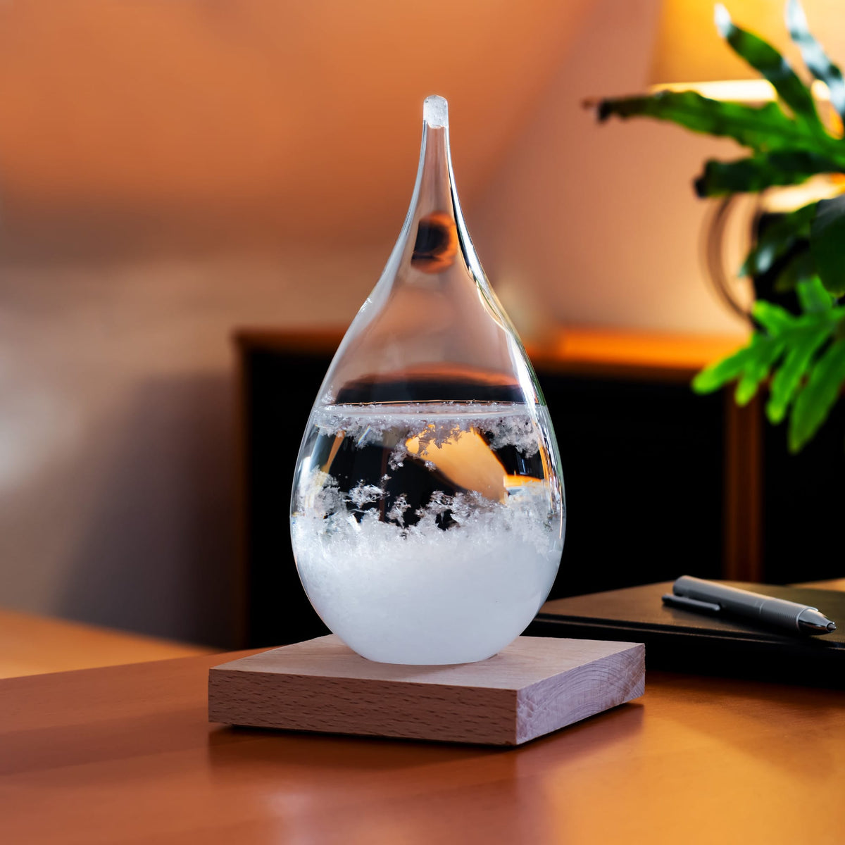 Sturmglas in Form eines Wassertropfens mit Holzständer auf einem Tisch