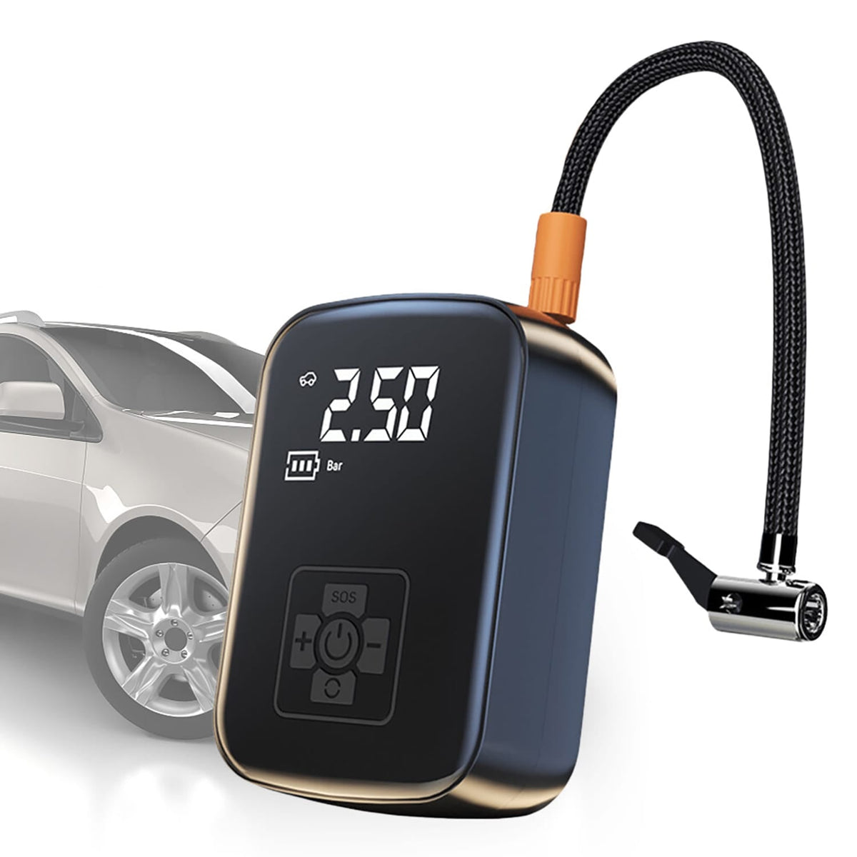 Elektrische, schwarze Luftpumpe mit digital-Anzeige und integrierter Powerbank