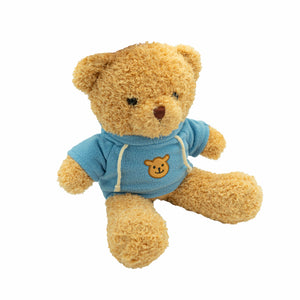 Beiger Teddybär mit blauem Pullover von anderer Perspektive