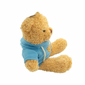 Beiger Teddybär mit blauem Pullover von der Seite