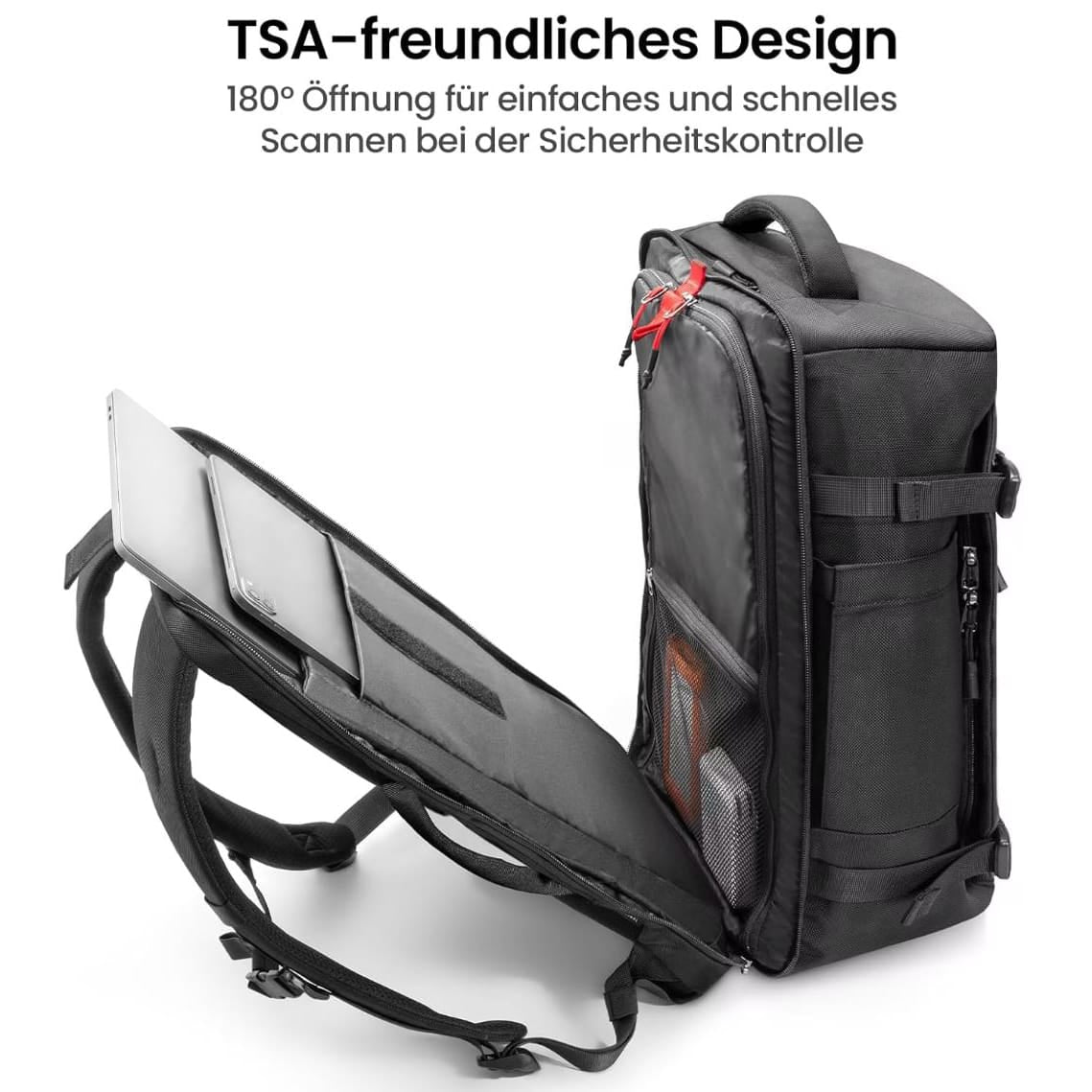 Schwarzer Stoffrucksack mit grossem Fach aufgeklappt