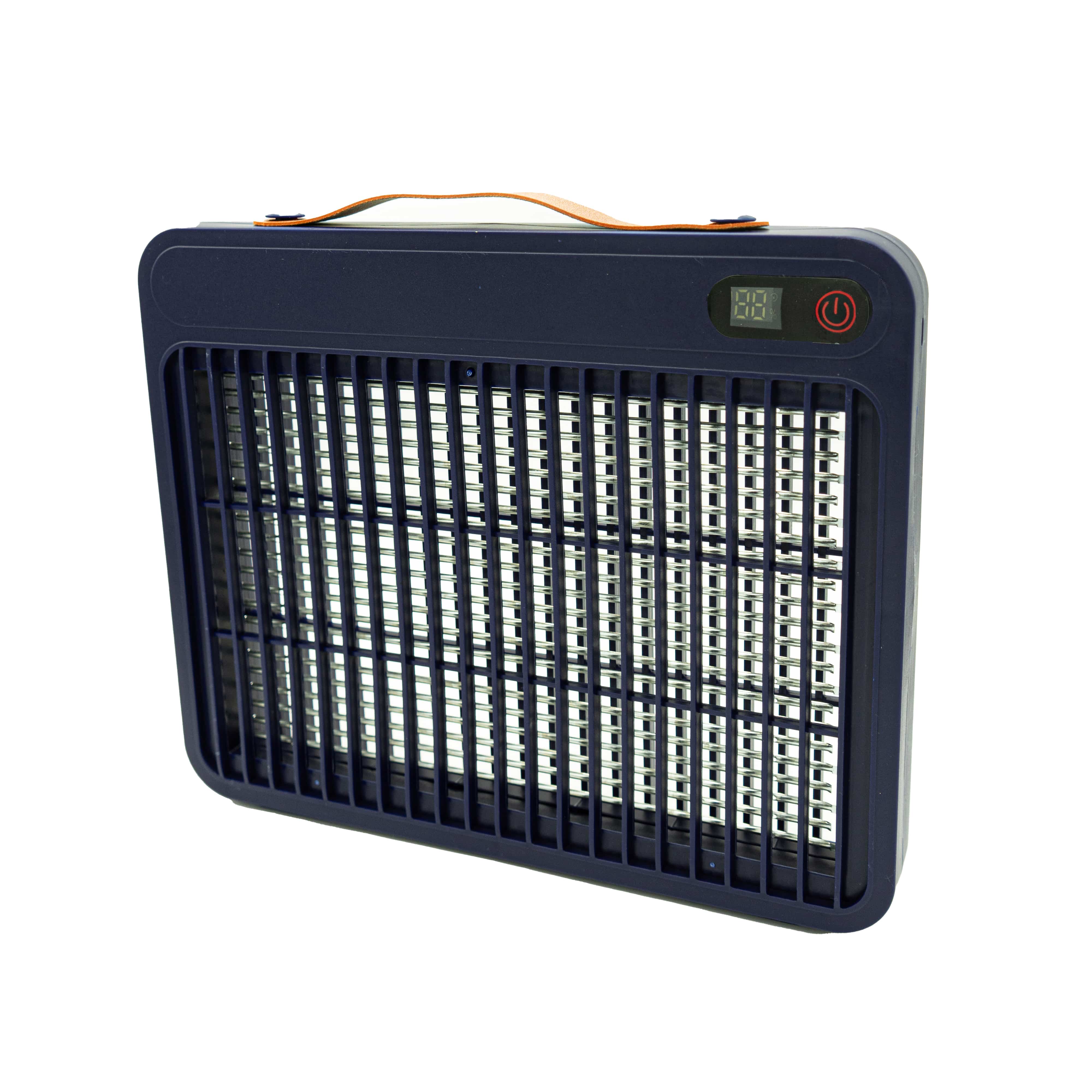 Dunkelblaue Moskito Killer Lampe mit Gitter als Vorderseite und orangenem Griff