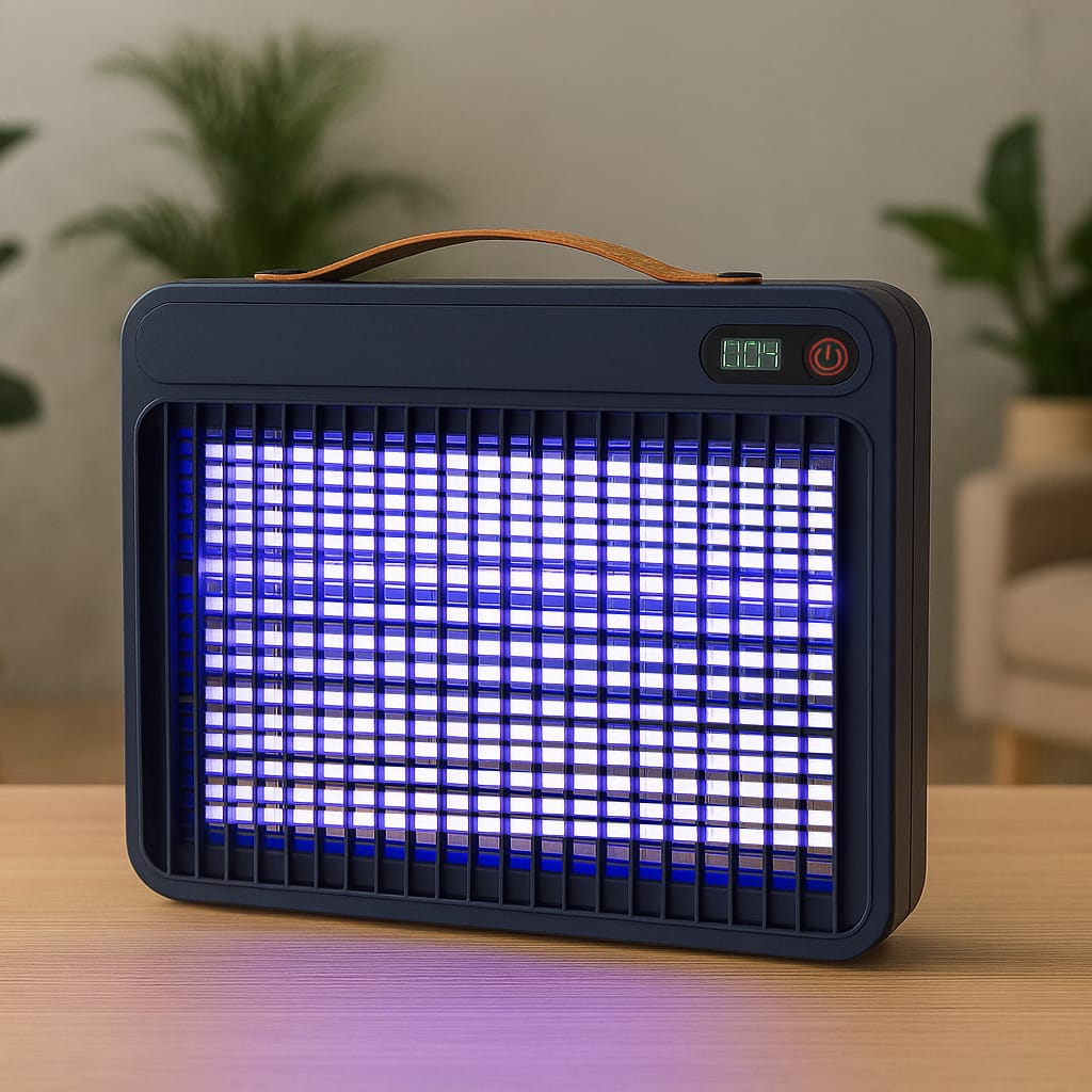 Dunkelblaue, angeschaltete Moskito Killer Lampe mit Gitter als Vorderseite und orangenem Griff