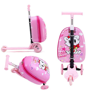 Pinker Scooter Reisekoffer mit Katzen und Herzen Design von drei Perspektiven und zusammeneklappt