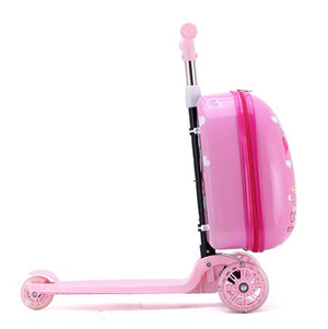 Pinker Scooter Reisekoffer mit Katzen und Herzen Design von der Seite