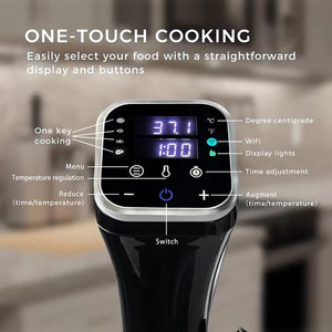 Schwarz-silberner Sous-Vide Garer mit dem digitalem Bildschirm erklärt