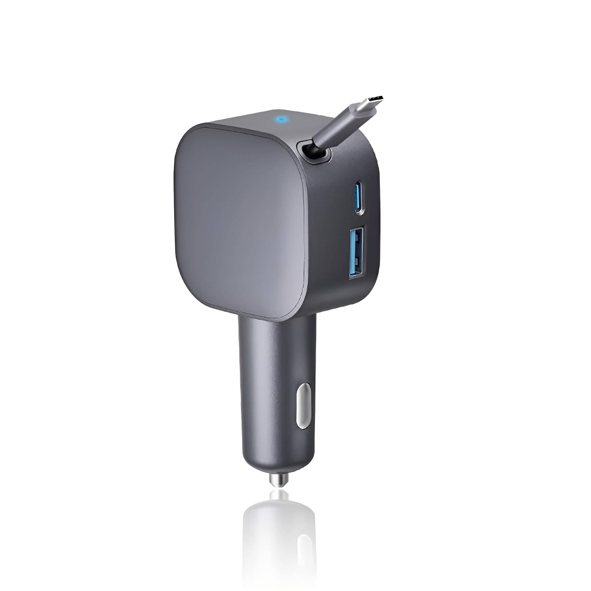 Einziehbarer Charger fürs Auto mit USB-C Kabel, USB-Anschluss und USB-A Anschluss