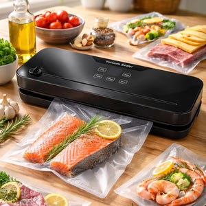 Schwarzes Vakuumiergerät neben vakuumiertem Lachs auf einem Tisch mit verschiedenen Beilagen