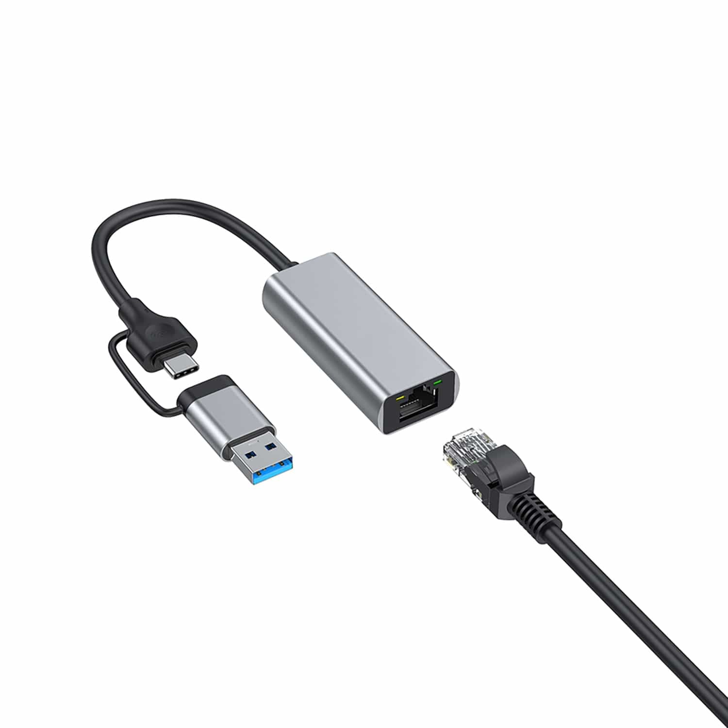 USB-A und USB-C zu Netzwerk Anschluss in einem Anwendungsbeispiel mit schwarzem Kabel