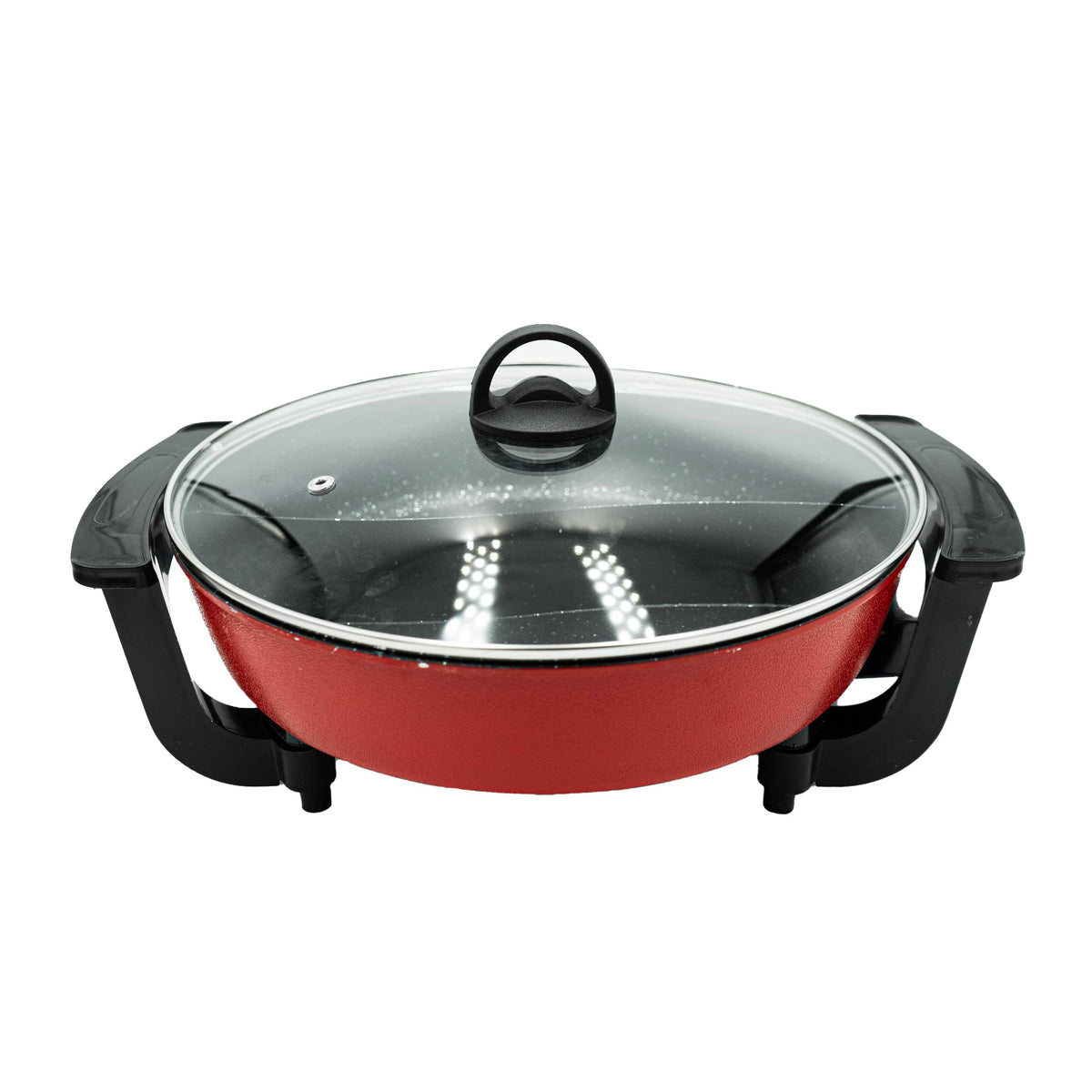 Roter Hotpot mit schwarzen Griffen und einem Glasdeckel