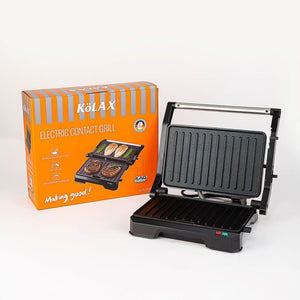 Schwarzer, elektrischer, klappbarer Grill mit orangener Kartonverpackung