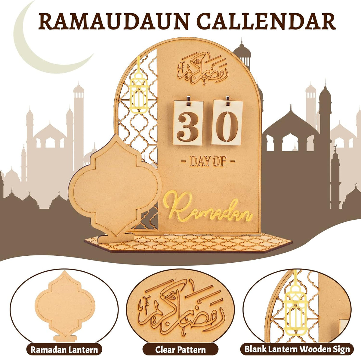 Holz Ramadan-Kalender mit Tages Anzeige und Produktdetails