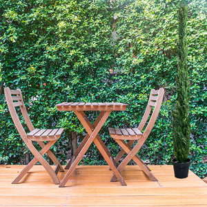 Kunst Thuja-Baum mit schwarzem Topf in einem Anwendungsbeispiel auf einer Terrasse