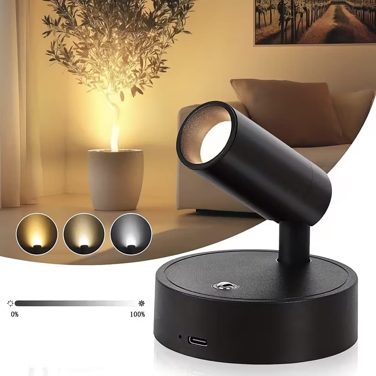 Schwarzes LED Spot-Light mit Helligkeitsstufen, Wärmestufen und mit einem Anwendungsbeispiel