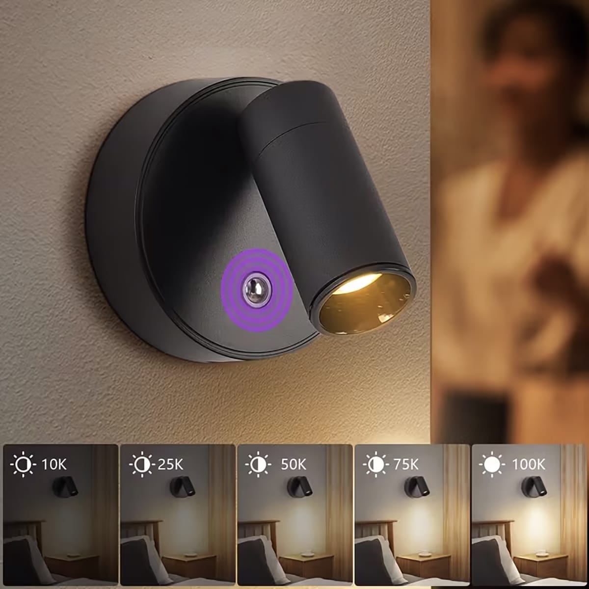 Schwarzes LED Spot-Light mit Beispielen der Helligkeitsstufen