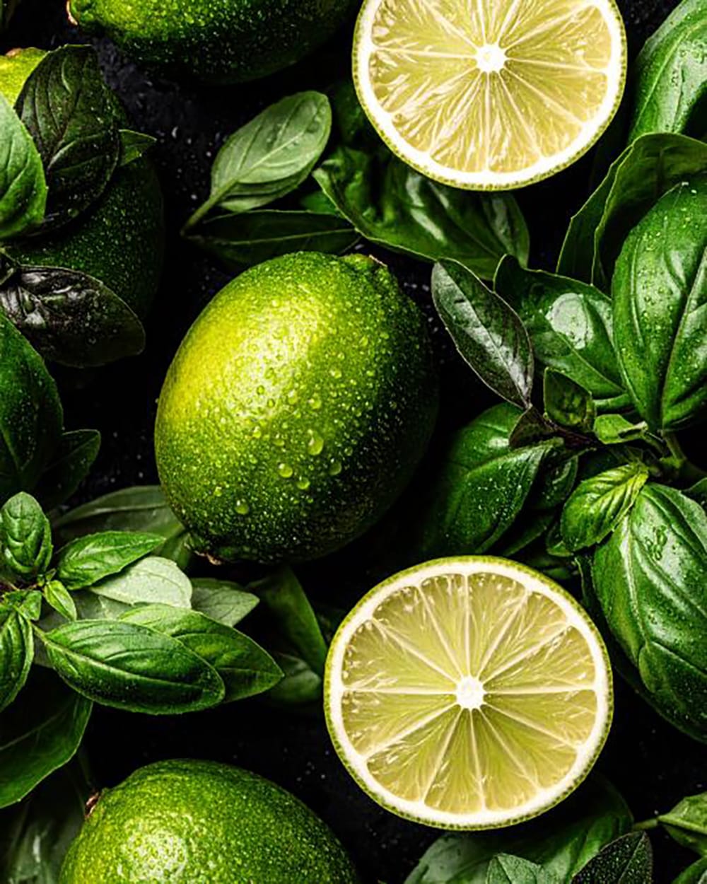 Aufgeschnittene Limetten mit Basilikum Blättern