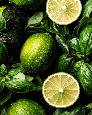 Aufgeschnittene Limetten mit Basilikum Blättern