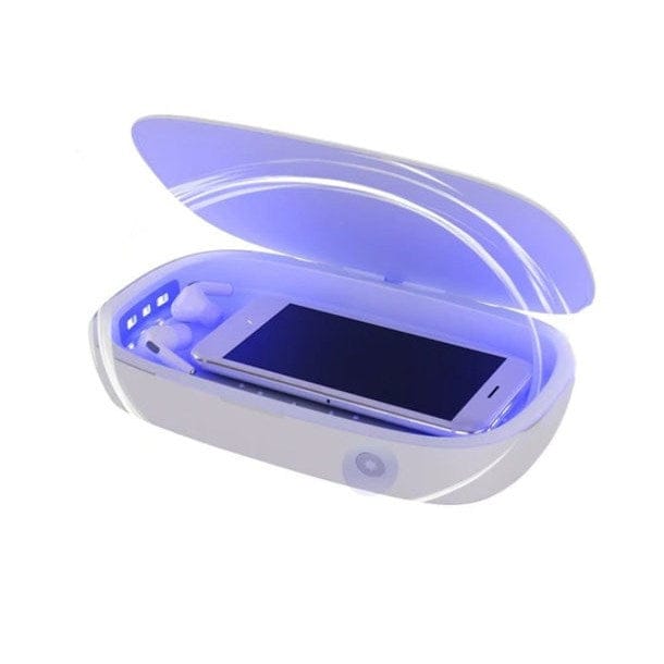 Weisse Sterilisator Box mit Smartphone und Kopfhörern drin