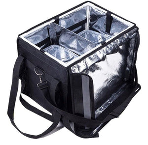 Schwarze, geöffnete Kuriertasche mit Reissverschluss, Schultergurt und silbernem Innenmaterial