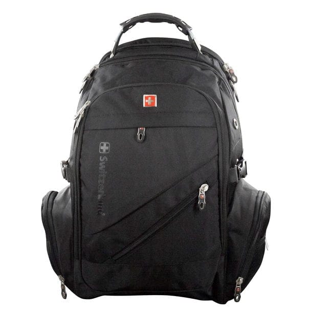 Schwarzer Rucksack mit verschiedenen Fächern und Schweizerwappen Design