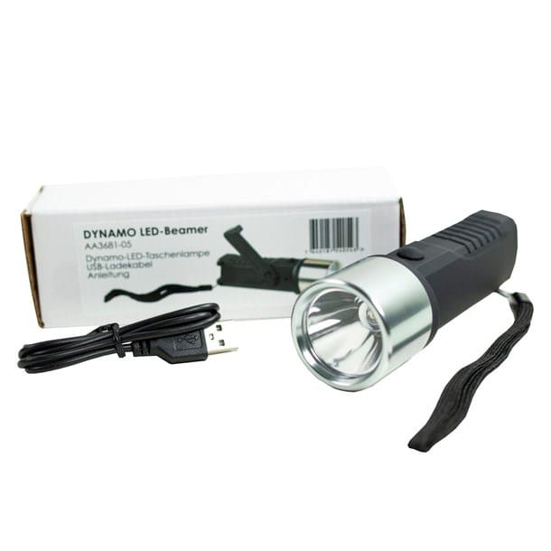 Schwarze LED-Taschenlampe mit Ladekabel und weisser Kartonverpackung