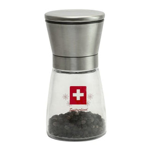 Glas Pfeffermühle mit silbernem Deckel und Schweizerwappen Design