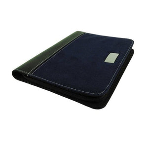Blau-schwarze Lederschreibmappe mit Reissverschluss von der Seite