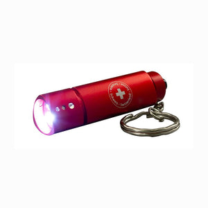 Rote Schlüsselanhänger-Taschenlampe mit Schweizerwappen an der Seite
