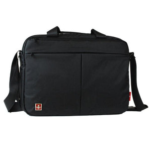 Schwarze Laptoptasche mit Schultergurt und Schweizerwappen Design