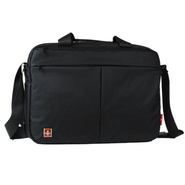 Schwarze Laptoptasche mit Schultergurt und Schweizerwappen Design