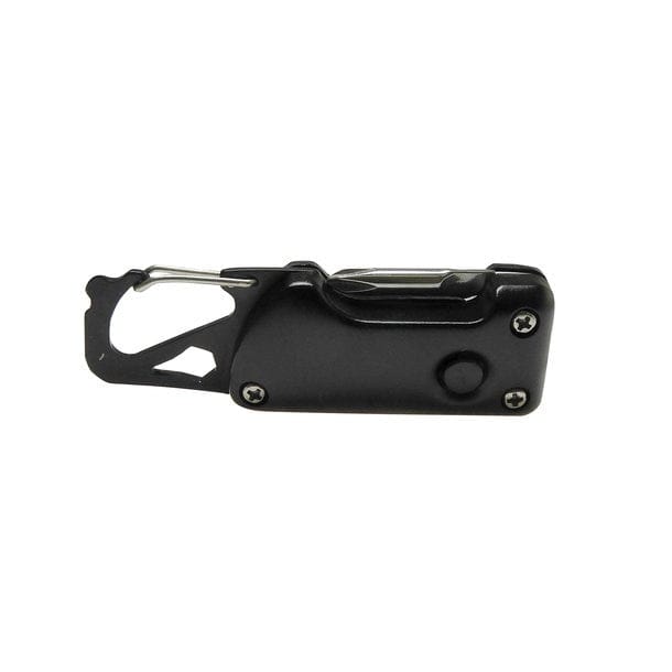 Schwarzer Karabiner mit schwarzen und silbernen Details und einer integrierten Taschenlampe