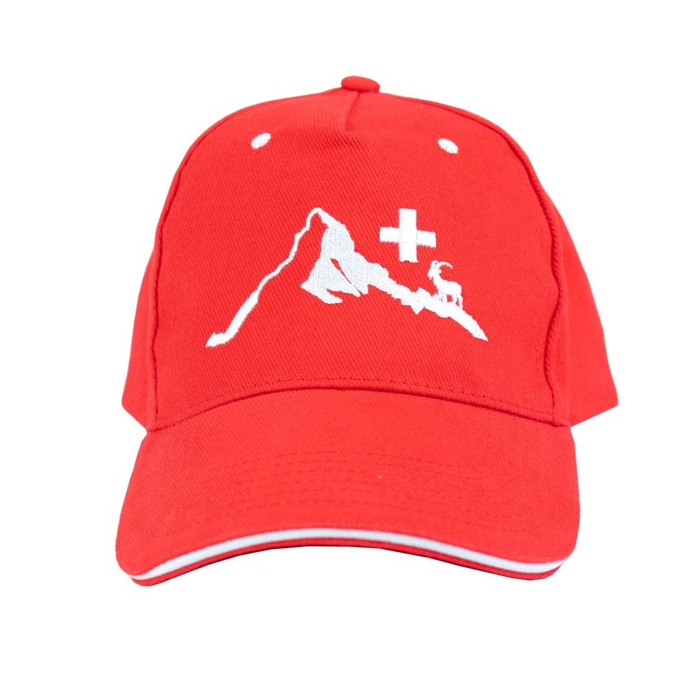 Rote Baseball-Cap mit Bergen Motiv und Schweizerwappen