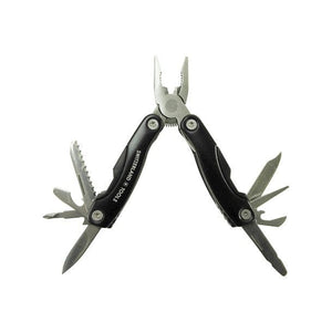 Schwarzes, ausgeklapptes Taschenwerkzeug mit silbernen Werkzeugen und silbernen Details und "Switzerland-Tools" Aufschrift