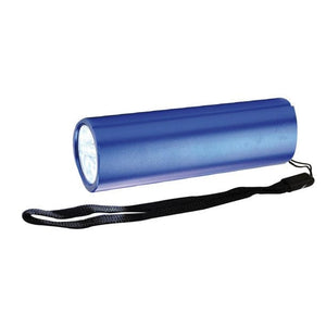 Blaue Taschenlampe mit schwarzem Knopf und schwarzem Band